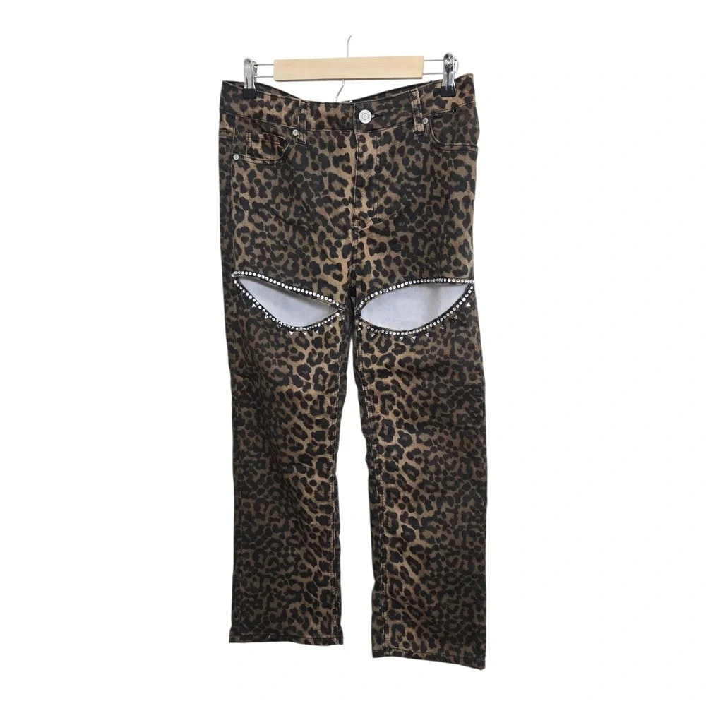 VIP Womens Leopard Print Cutout Jeans Rhinestone Straight Leg Denim Size 13/31 - Picture 1 of 6